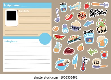 Recipe card template and food cooking stickers. Cook book page vertical format A5 size. Kids cooking class recipe template with cartoon icons and text place. Kitchen card for bullet journal 