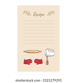 Recipe card template with hand drawn kitchen utensils. Vector illustration.