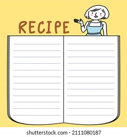 Recipe card template. Hand-drawn recipe card. Blank card for adding your recipe with cute doodled illustration of young lady in apron smiling on the top of page.