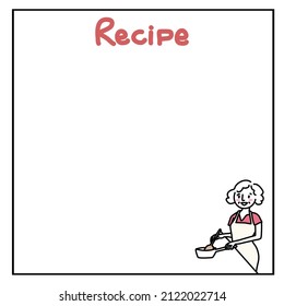 Recipe card template. Hand-drawn recipe card. Blank card for adding your own recipe with cute doodled illustration of happy senior lady in apron with frying pan cooking food on the bottom of page.