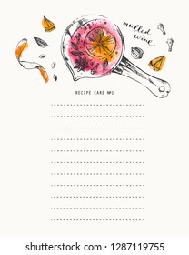 Recipe card template with ink and watercolor mulled wine recipe ingredients illustration. Background design with space for notes. Planner and culinary book page.