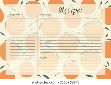 Recipe card template, juicy fruits blank. Cartoon recipe card template illustration. Cute retro kitchen