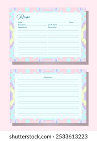 Recipe card template with kaleidoscope border. Abstract geometric frame design. Pink, mint, yellow, and purple candy colors. Playful and soft color palette.  Eye-catching, fun, and modern layout.