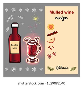 Recipe card template for mulled wine with ingredients. Vector illustration. Background design with copy space for notes. Frame for text. Planner and culinary book page, cooking web page.
