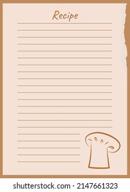 Recipe card template for notes making about food preparation. Hand-drawn recipe card. Blank paper for adding your recipe with cute doodled illustration of mushroom. Cooking notepad, kitchen book