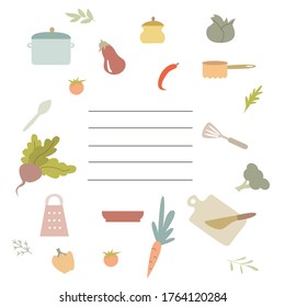 Recipe card template pack for creating notes on cooking and cooking ingredients. Blank pages of a cookbook decorated with colorful kitchen utensils and vegetables. Vector illustration