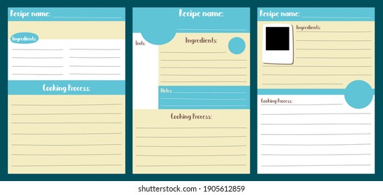 Recipe card template vector illustration in A5 size vertical format. Recipe pad for bujo. Stay home activity hobby. Kids cooking class or school recipe. Cartoon cookbook template with lined text place