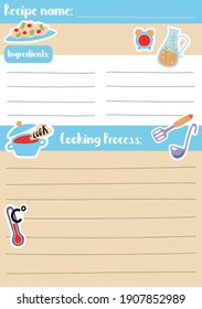 Recipe card template vector illustration in A5 size, vertical format. Stay home kids activity hobby. Kids cooking class or school recipe. Playful cartoon cookbook template with stickers and text place