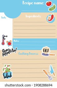 Recipe card template vector illustration in A5 size, vertical format. Cook book for kids cooking class or school. Playful cartoon cookbook template with stickers and text place