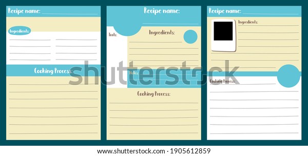 Recipe card template vector illustration in A5 size\
vertical format. Recipe pad for bujo. Stay home activity hobby.\
Kids cooking class or school recipe. Cartoon cookbook template with\
lined text place