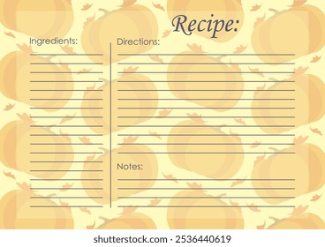 Recipe card template, vegetable blank. Rape pumpkin cooking list