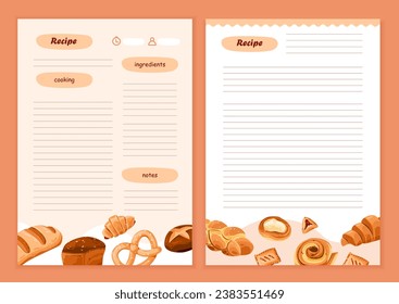 Recipe cards for baking. Template cookbook sheets for recipe, notes on cooking and ingredients. Vector cartoon illustration