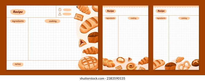 Tarjetas de receta para hornear. Hojas de planchado para recetas, notas sobre cocina e ingredientes. Ilustración de dibujos animados