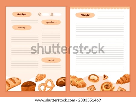 Recipe cards for baking. Template cookbook sheets for recipe, notes on cooking and ingredients. Vector cartoon illustration