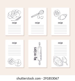 Recipe cards collection with hand drawn bakery objects in vector. Sketched food Illustration. Culinary background