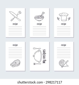 Recipe Cards Collection With Hand Drawn Food In Vector. Sketched Culinary Objects Illustration. Kitchen Background