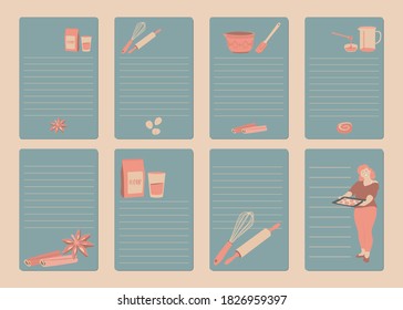 Recipe cards, cookbook blank. Cookbook or shopping list pages. Kitchen tools, cooking girl, rulers for notes. Flat vector illustration