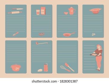 Recipe cards, cookbook blank. Cookbook or shopping list pages. Kitchen tools, cooking girl, rulers for notes. Flat vector illustration