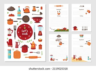 Recipe cards. Cookbook pages, cute cook recipes notes. Kitchen decorative stickers templates, food ingredients blank journal list classy vector set