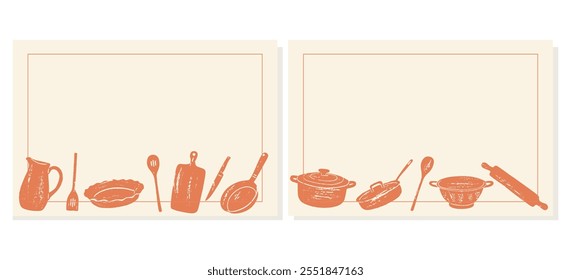 Cartões de receita. Conjunto de modelos de cartão de cozinha. Notas culinárias desenhadas à mão com utensílios de cozinha de garatujas. 