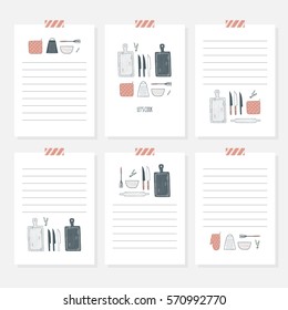 Recipe cards. Cooking card template set. Hand drawn culinary notes with doodle kitchen utensils. Vector illustration, isolated