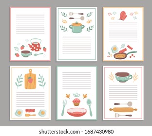 Recipe cards. Culinary book blank pages. Cookbook stickers, cute home menu. Banners for baking cooking with doodle kitchen tools vector set