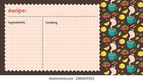 Recipe cards. Culinary book blank pages. pattern with hot drink lemons and spices. Cookbook stickers, cute home menu. Vector flat illustration.