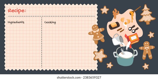 Recipe cards. Culinary book blank pages. Ginger cookies recipe illustration. Cookbook stickers, cute home menu. Banners for baking cooking with Hand drawn kitchen tools vector set.