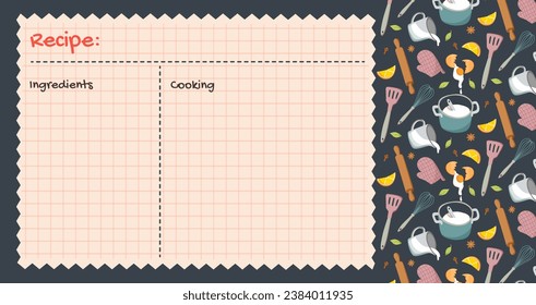 Recipe cards. Culinary book blank pages. pattern with Food icons and elements. Cookbook stickers, cute home menu. Vector flat illustration.