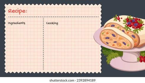 Recipe cards. Culinary book blank pages. Christmas Stollen with cranberries and blueberries. Traditional festive German cake. Cookbook stickers, cute home menu. Cartoon vector illustration.