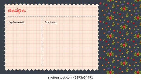 Recipe cards. Culinary book blank pages. Pattern with lingonberry, cranberries and greens. Cookbook stickers, cute home menu. Vector cartoon illustration.