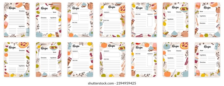 Recipe cards. Culinary book blank pages with doodle kitchen tools vector set