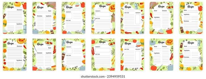 Recipe cards. Culinary book blank pages with doodle kitchen tools vector set