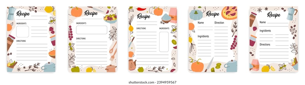 Tarjetas de receta. Páginas en blanco de libros culinarios con herramientas de cocina de doodle conjunto vectorial