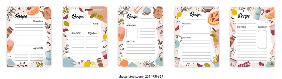 Tarjetas de receta. Páginas en blanco de libros culinarios con herramientas de cocina de doodle conjunto vectorial