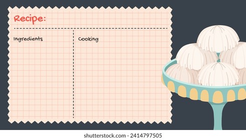 Recipe cards. Culinary book blank pages. Traditional semolina cookies to celebrate of Eid al Fitr. Banner for baking cooking with Hand drawn cookies. Empty cookbook cute home menu. Vector illustration