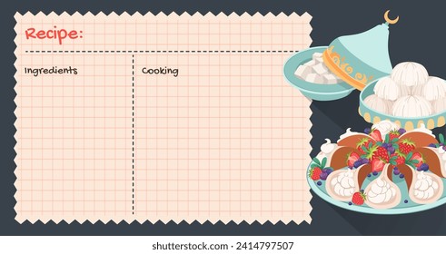 Recipe cards. Culinary book blank pages. Traditional Sweets to celebrate of Eid al Fitr. Banner for baking cooking with Hand drawn pancakes. Empty cookbook, cute home menu. Vector cartoon illustration