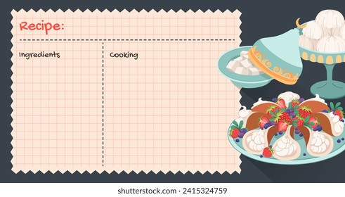 Recipe cards. Culinary book blank pages. Traditional Sweets to celebrate of Eid al Fitr. Banner for baking cooking with Hand drawn pancakes. Empty cookbook, cute home menu. Vector cartoon illustration