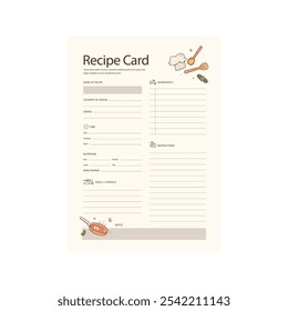 Recipe cards. Culinary book blank pages with doodle kitchen tools vector set