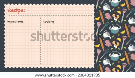 Recipe cards. Culinary book blank pages. pattern with Food icons and elements. Cookbook stickers, cute home menu. Vector flat illustration.
