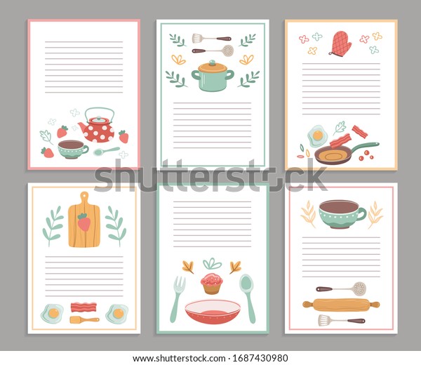 Recipe cards. Culinary book blank pages. Cookbook\
stickers, cute home menu. Banners for baking cooking with doodle\
kitchen tools vector\
set