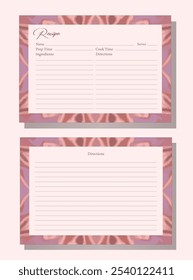 Recipe cards with decorative border. Soft pink purple watercolor effect. Tie-dye inspired pattern. Functional and beautiful design. Ideal for organizing recipes. Versatile and decorative kitchen tool.