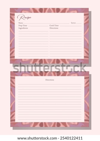 Recipe cards with decorative border. Soft pink purple watercolor effect. Tie-dye inspired pattern. Functional and beautiful design. Ideal for organizing recipes. Versatile and decorative kitchen tool.
