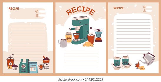 Recipe cards with different types of coffee and coffee machine. Template cookbook sheets for recipe, notes on cooking and ingredients. Flat vector illustration in minimalistic style