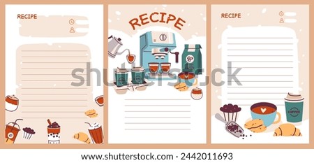 Recipe cards with different types of coffee and coffee machine. Template cookbook sheets for recipe, notes on cooking and ingredients. Flat vector illustration in minimalistic style