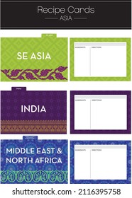 Tarjetas de receta y divisores: Asia. Organice sus recetas del Asia meridional, del Asia sudoriental y del Oriente Medio. Originalmente tamaño a 5x7.