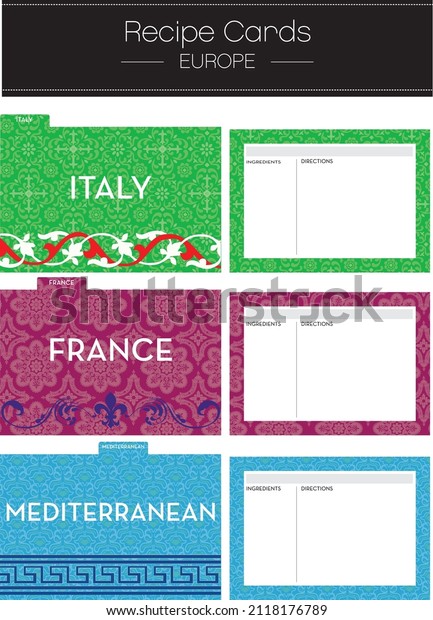 Recipe Cards and Dividers: Europe. Recipe Cards\
and Dividers. Organize your Italian, French, and Mediterranean\
recipes. Originally sized at\
5x7.