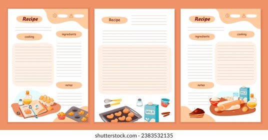 Recipe cards and meal planner. Template cookbook sheets for recipe, notes on cooking and ingredients. Vector cartoon illustration
