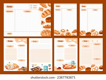 Recipe cards and meal planner. Template cookbook sheets for recipe, notes on cooking and ingredients. Vector cartoon illustration
