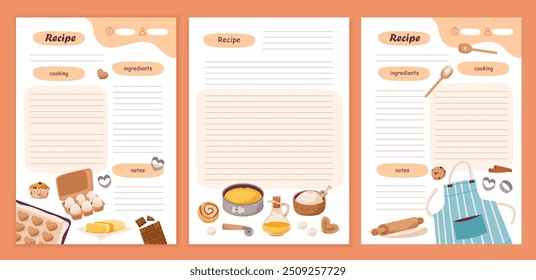 Recipe cards and meal planner. Template cookbook sheets for recipe, notes on cooking and ingredients. Vector flat illustration.